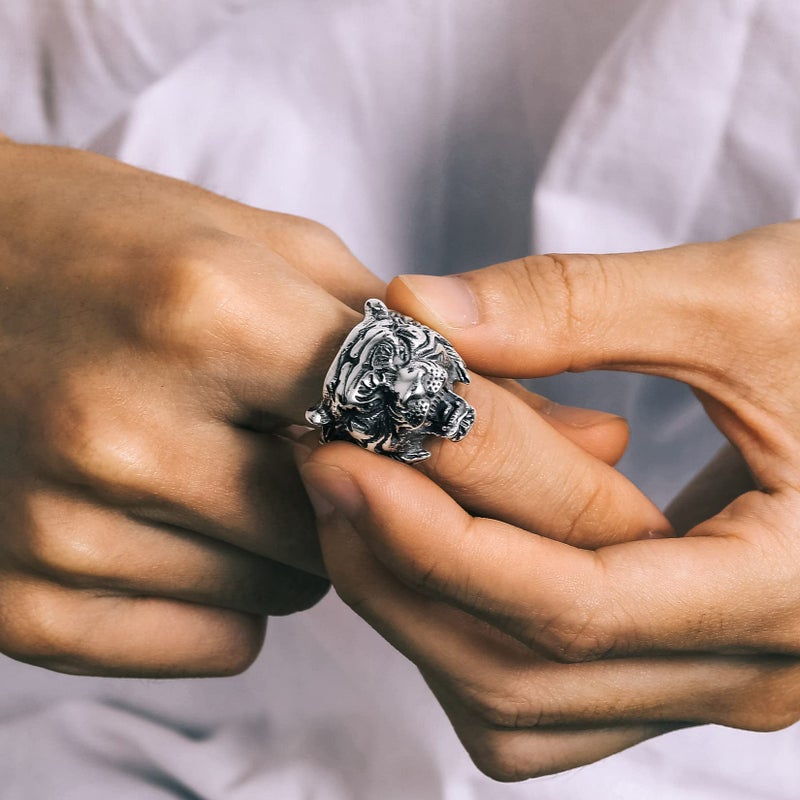 U7 Men Personalized Tiger Head Ring Vintage Enamel Black Stainless Steel Gothic Biker Rings, Statement Animal Rings for Party, Size 7 - Image 2