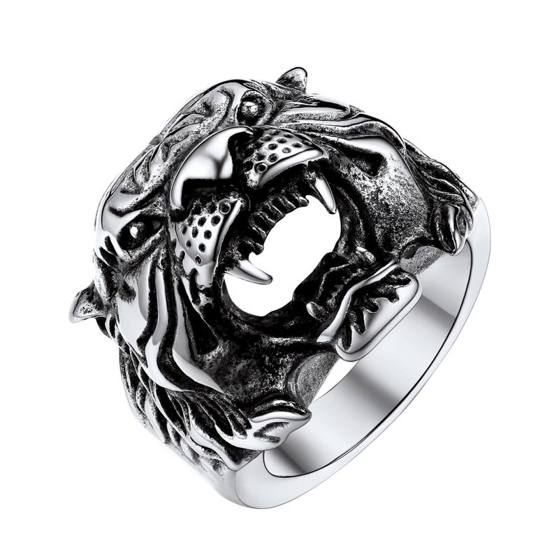 U7 Men Personalized Tiger Head Ring Vintage Enamel Black Stainless Steel Gothic Biker Rings, Statement Animal Rings for Party, Size 7 - Image 1