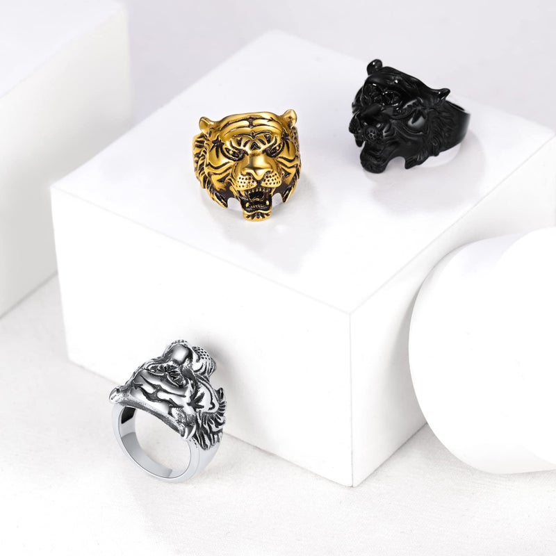 U7 Men Personalized Tiger Head Ring Vintage Enamel Black Stainless Steel Gothic Biker Rings, Statement Animal Rings for Party, Size 7 - Image 5