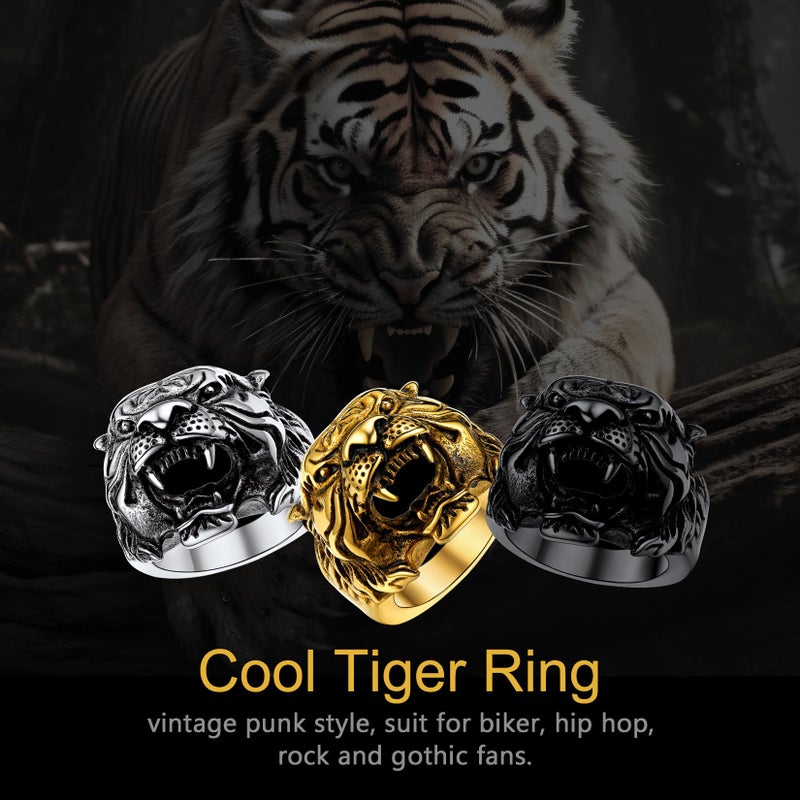 U7 Men Personalized Tiger Head Ring Vintage Enamel Black Stainless Steel Gothic Biker Rings, Statement Animal Rings for Party, Size 7 - Image 3