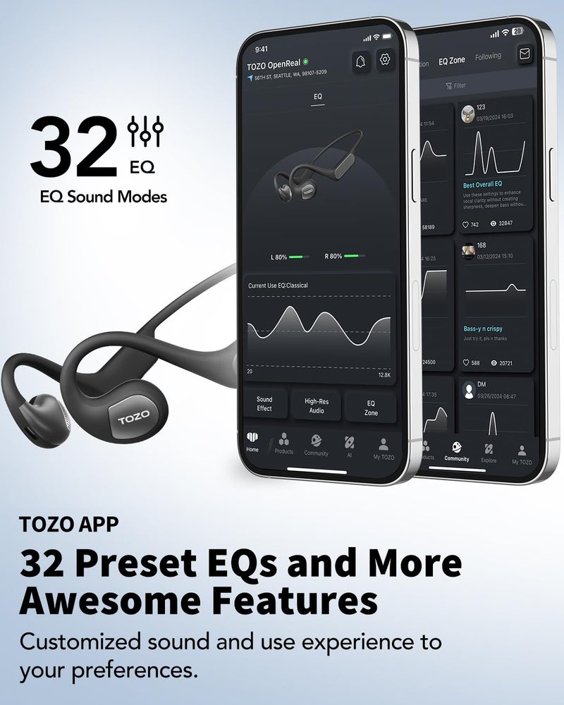 TOZO Upgraded Open Ear Headphones Bluetooth 5.3 Air Conduction Wireless Headphones Sport Earbuds with Premium Sound, 32 EQs via APP, Dual-Mic Call Noise Reduction Earphones with Hair Band for Cycling - Image 5