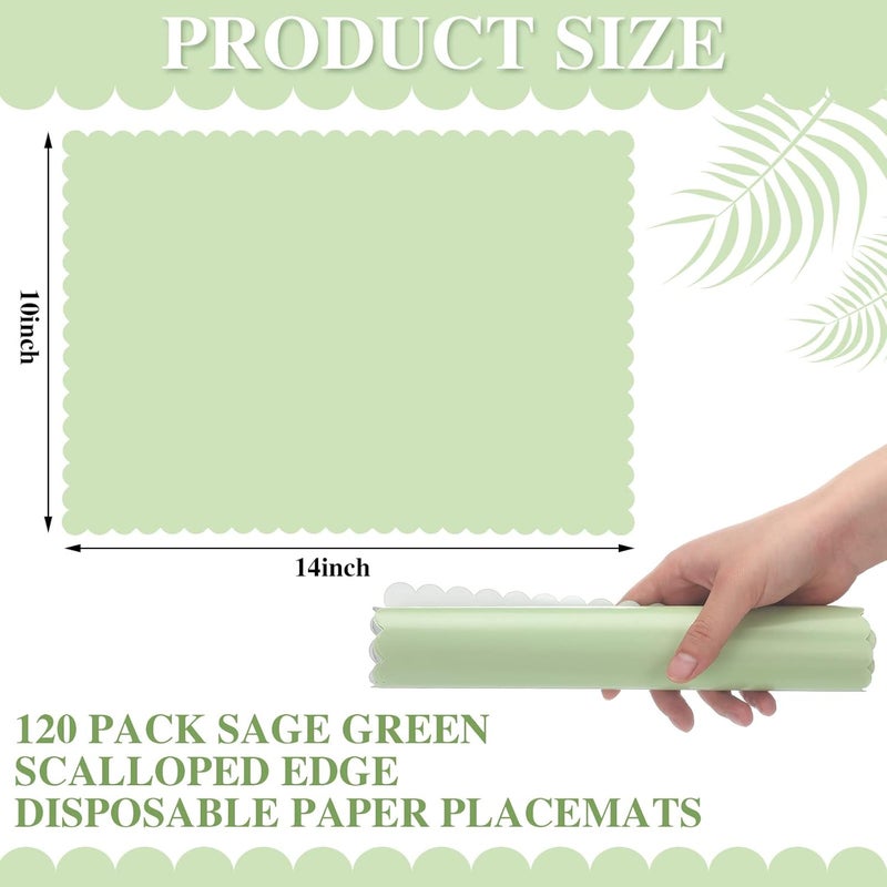 Glenmal 120 Pcs Disposable Paper Placemat Sage Green Placemats Green Disposable Scalloped Edges Table Mats for Restaurant Catering Dining Table Birthday Parties Decor 14 x 10 Inches - Image 3