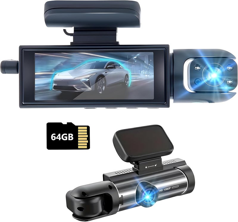 Dash Cam frontal e interior, Dashcams para coches con tarjeta de 64 G, grabadora de tráfico de visión nocturna IR, grabación de bucle de visión nocturna y sensor G, grabadora de tráfico de - Image 2