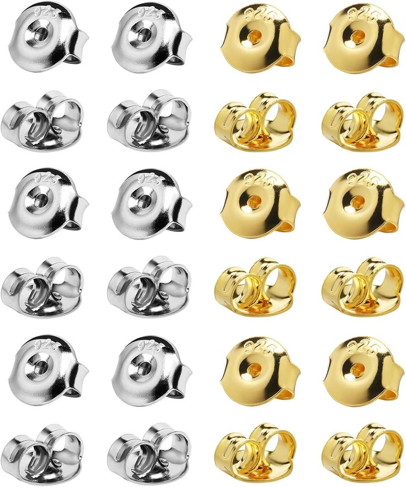 DELECOE 24PCS 925 Silver Earring Backs Replacements, 12pcs Gold 12pcs White Gold Plated Hypoallergenic Earring Backs for Studs, Secure Ear Locking for Stud Earrings Ear Nut for Posts, 6mm - Image 1