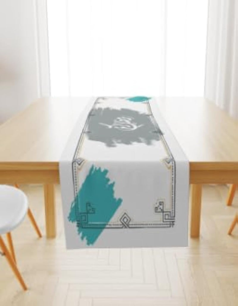 Modern Velvet Table Runner, Double-Sided Print, Grey and Turquoise Ramadan Design, 140cm x 40cm, Premium Imported Fabric for Living Room