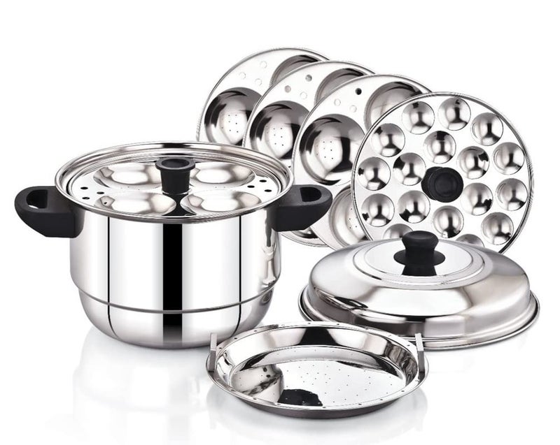 Diamond Diamond Stainless Steel Multi-Steaming Induction Base with 4 Idli Plates (16 Idlies), 1 Mini Idli Plate (18 Idlies), 1 Steamer Plate - Image 1