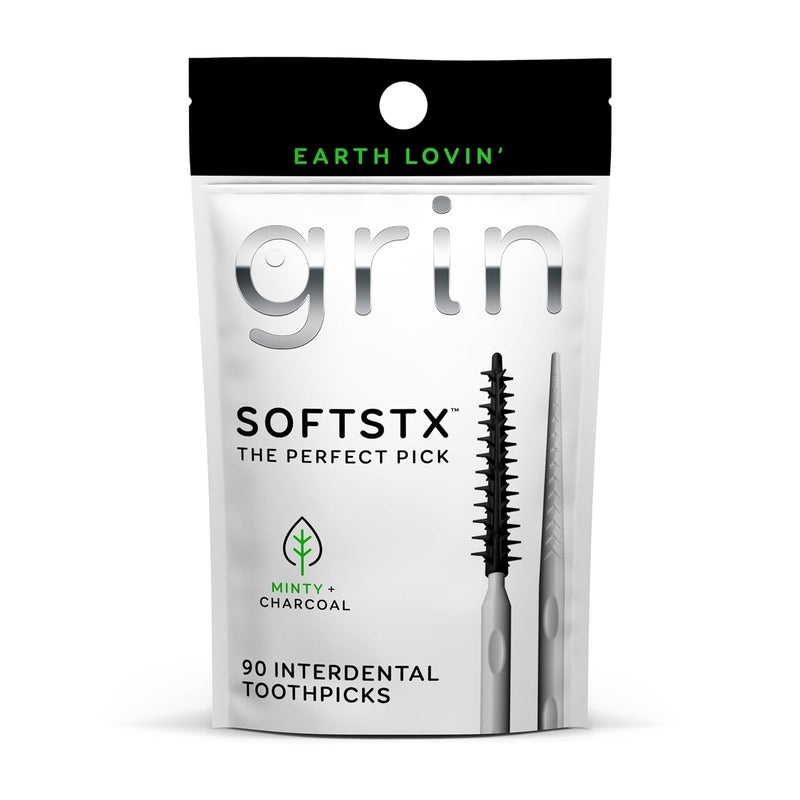 Grin Charcoal Infused Softstx Gentle Dental Picks 90 Count Soft Flexible Bristles Textured Plaque Removing Toothpick Minty Flavor for Between Teeth Refillable Hygienic Case - Image 1