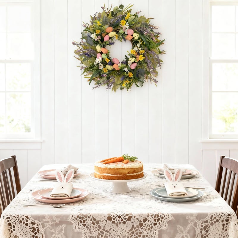HipTree 24 Inch Farmhouse Easter Wreath for Front Door, Artificial Pastel Spring Wreaths with Easter Eggs,Lavender&Wildflowers,Handcrafted Wreath for Entryway Mantel Window Indoor Outdoor Decorations - Image 4