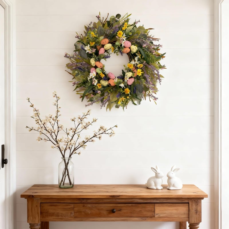 HipTree 24 Inch Farmhouse Easter Wreath for Front Door, Artificial Pastel Spring Wreaths with Easter Eggs,Lavender&Wildflowers,Handcrafted Wreath for Entryway Mantel Window Indoor Outdoor Decorations - Image 5