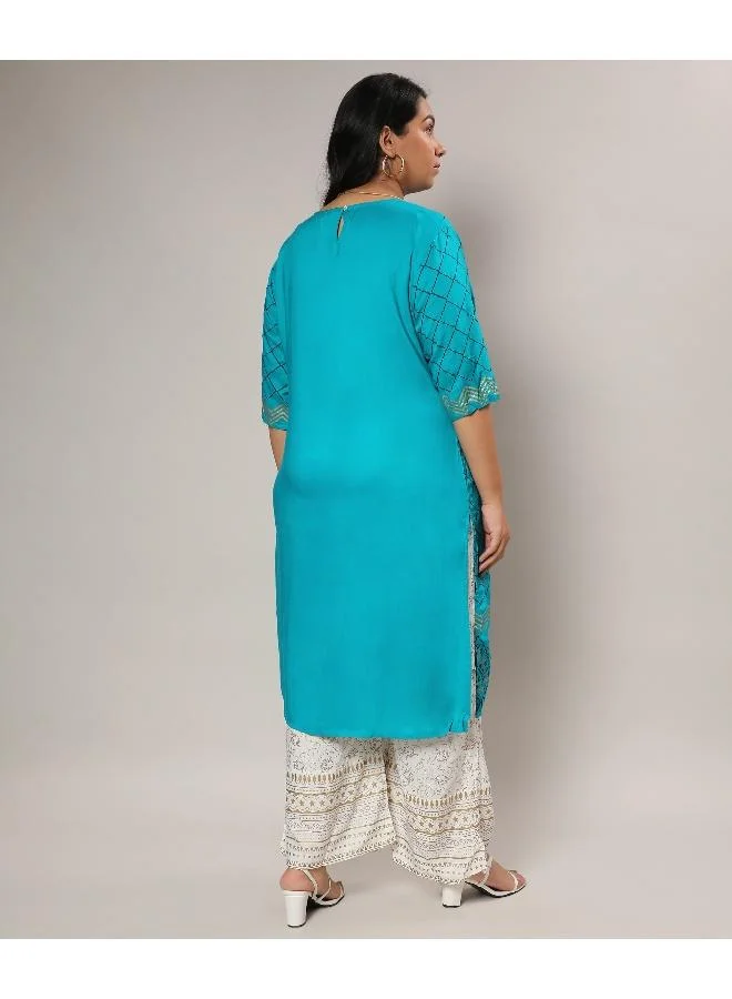 انستافاب بلس مجموعة كورتا نسائية ذات طباعة عرقية باللون الأزرق الفيروزي المعدني مع بنطلون بطبعة معدنية