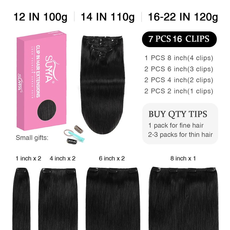 SUYYA Clip in Hair Extensions Real Human Hair,12 inch 100g 7 Pcs Jet Black Clip in Hair Extensions Human Hair Straight Double Weft Hair Extensions Clip ins (12 inches #1 Jet black) - Image 2