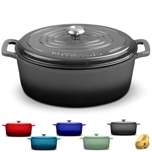 ROSSALLINI Signature Enameled Cast Iron Oval Dutch Oven | Non-Stick Serving Pot with Tight Fitting Lid for Perfect Roasting, Baking, Sauteing, and Bread Making | 9.5Q [Oyster Grey] - Image 1