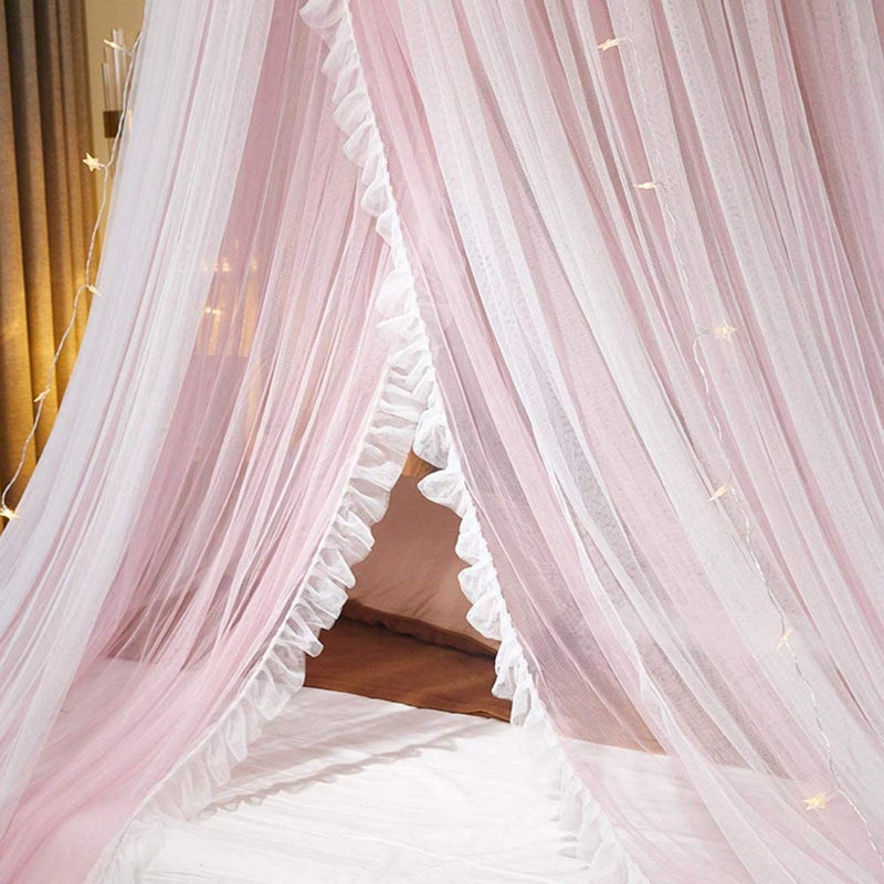 VETHIN Bed Canopy Princess for Girls,Bed Canopy Curtain Double Layer Sheer Mesh Dome Bed Curtain- Round Lace Princess Mosquito Net Tent for Twin Full Queen King Bed(Pink/White) - Image 4
