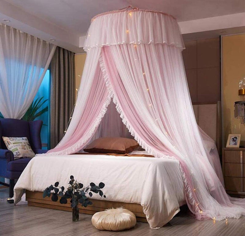 VETHIN Bed Canopy Princess for Girls,Bed Canopy Curtain Double Layer Sheer Mesh Dome Bed Curtain- Round Lace Princess Mosquito Net Tent for Twin Full Queen King Bed(Pink/White) - Image 5