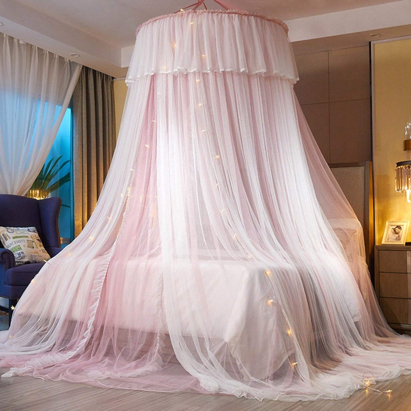 VETHIN Bed Canopy Princess for Girls,Bed Canopy Curtain Double Layer Sheer Mesh Dome Bed Curtain- Round Lace Princess Mosquito Net Tent for Twin Full Queen King Bed(Pink/White) - Image 1