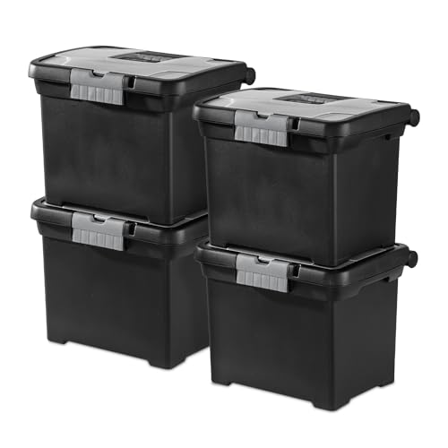 Sterilite Portable File Box Stackable Storage Bin with Latching Lid and Handle Plastic Container to Organize Papers in Home Office Black 4Pack