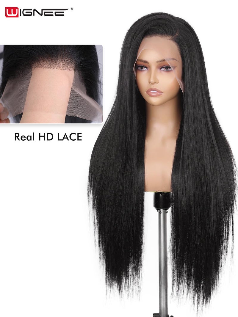 WIGNEE 13x6 Synthetic Lace Front Wig 28" Long Straight Wig Natural Black Kanekalon Futura Synthetic Wigs for Black Women Pre-Plucked Glueless Wig for Daily Party Use - Image 3