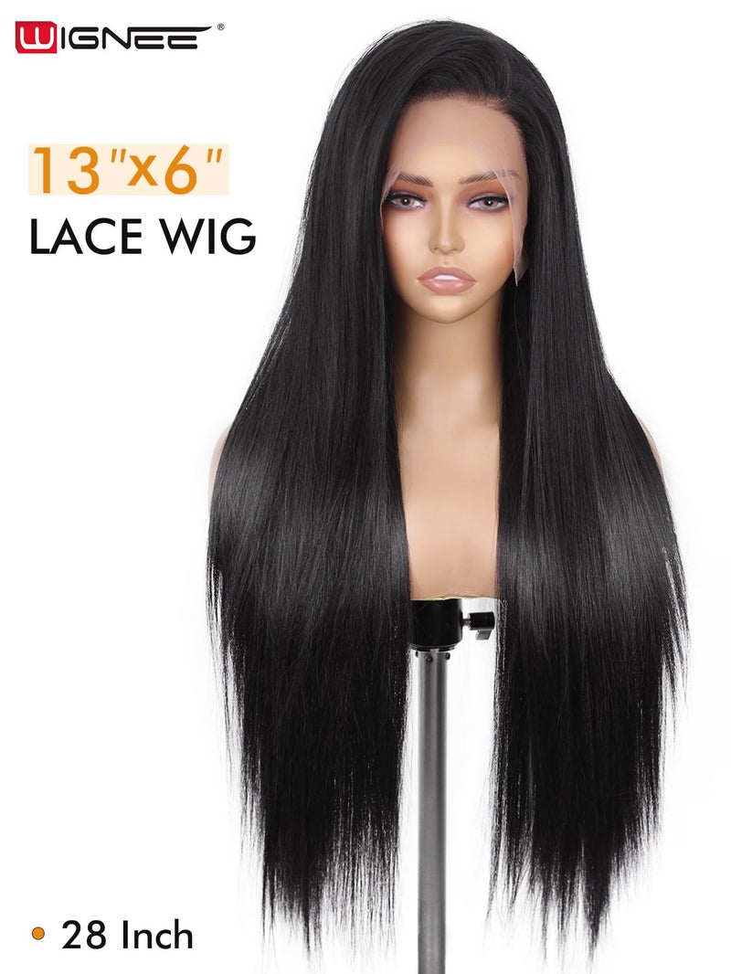 WIGNEE 13x6 Synthetic Lace Front Wig 28" Long Straight Wig Natural Black Kanekalon Futura Synthetic Wigs for Black Women Pre-Plucked Glueless Wig for Daily Party Use - Image 2