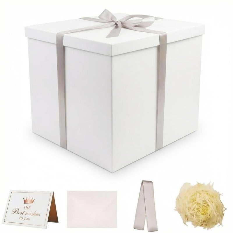 UoeRing Matte White Large Gift Box 1Pcs 12x12x11 InchGift Box with Lid for Presents BirthdaysChristmas Valentines DayMothers Day with Ribbon Card Envelope Shredded Paper Fill - Image 2