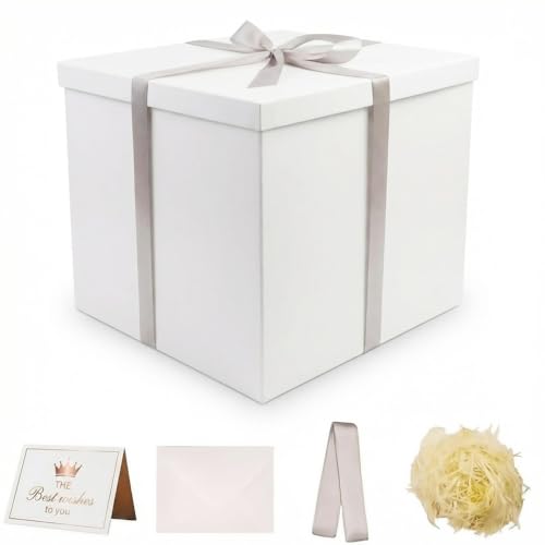 UoeRing Matte White Large Gift Box 1Pcs 12x12x11 InchGift Box with Lid for Presents BirthdaysChristmas Valentines DayMothers Day with Ribbon Card Envelope Shredded Paper Fill - Image 1