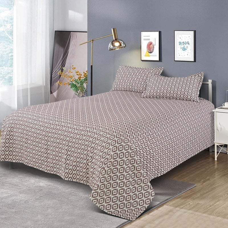 Victor King Size Light Weight Super Soft Easy Care 100% Combed Cotton Geometrical Desgin Double Bedsheet/Bed Cover with 2 Pillow Covers (91X106 Inch, Coffee) - Image 1