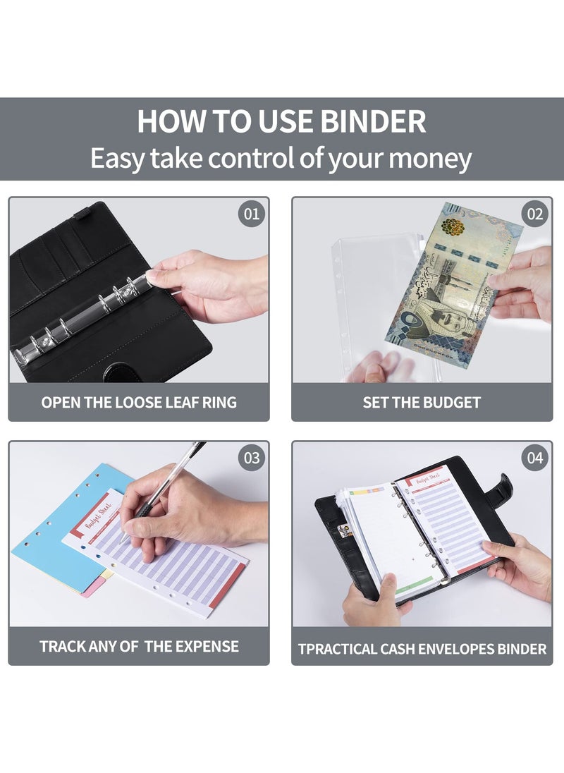 INFOSUN - 88 Pcs A6 Budget Binder, Cash Envelope with Zipper, Binder Pockets, Money Saving Binder, Cash Budget Binder Business, PU Leather Budget Planning Notebook Binder Cover, with Magnetic Snap(Black) - Image 1