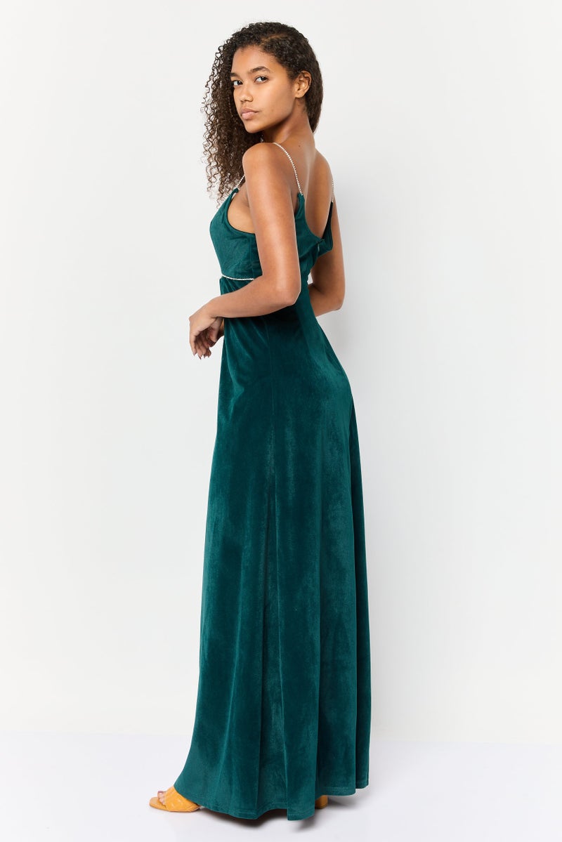 Lulus Women Velvet Rhinestone Cutout Maxi Dress, Dark Green - Image 4