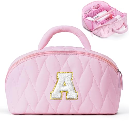 YOOLIFE Birthday Gifts for Mom Daughter Initial Makeup Bag for Women Travel Toiletry Bag Pink Cosmetic Bags Teen Girl Gift Personalized Birthday Gifts for Mom Teacher Sister Daughter A - Image 1
