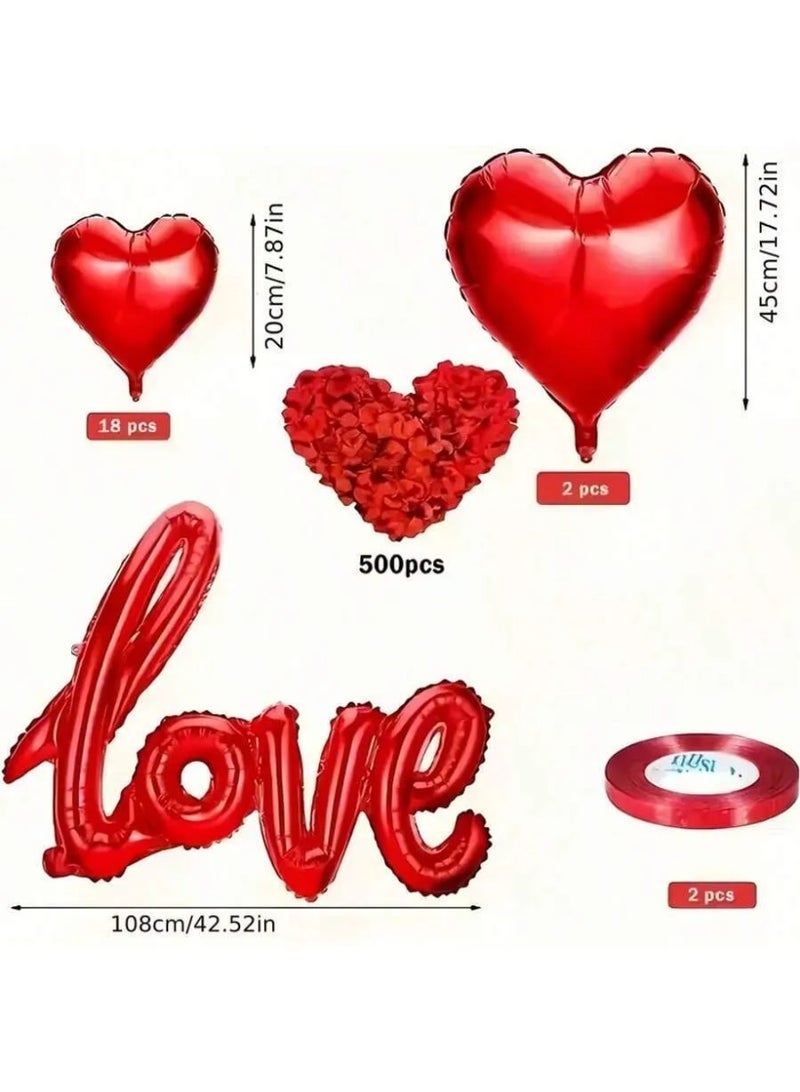 زينه يوم الحب مجموعه من 523 قطعه مكونه من 500 قطعه من بتلات الورد الاحمر ، 20 بالون معدني بتصميم قلب احمر مقاسين و بالون بتصميم كلمة حب مجموعه زينه متكامله تضيف لمسه مميزه ورومانسيه للاحتفال بيوم الحب ، الذكري السنويه و جميع المناسبات - Image 4
