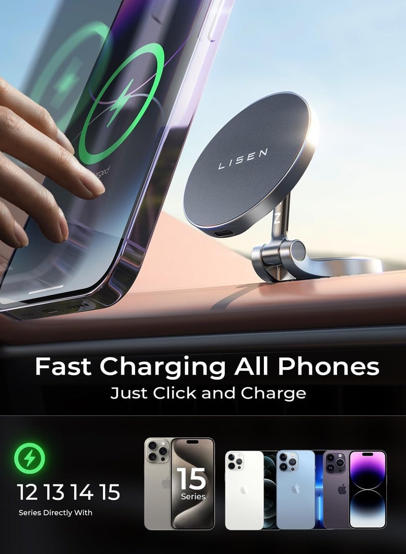LISEN MagSafe Car Mount Charger - 15W Fast Wireless Charging - Dashboard Phone Holder for iPhone 15 Pro Max Plus 14 13 12 Mini