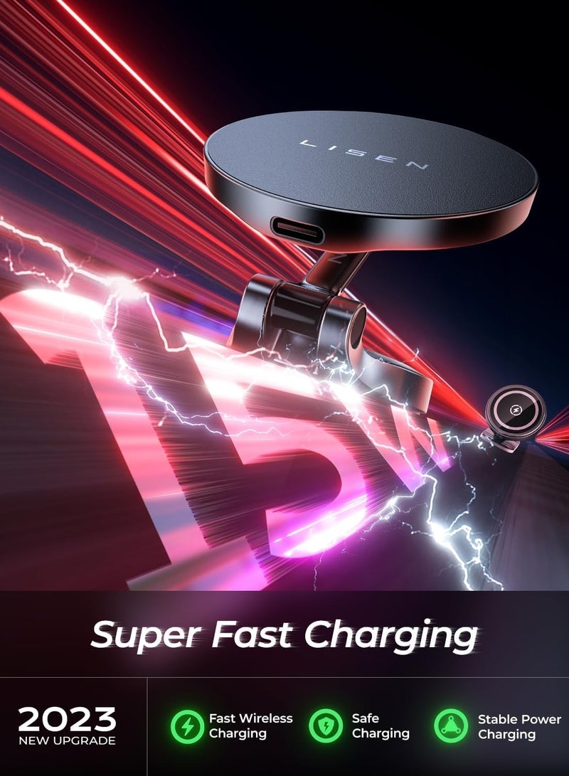 LISEN MagSafe Car Mount Charger - 15W Fast Wireless Charging - Dashboard Phone Holder for iPhone 15 Pro Max Plus 14 13 12 Mini