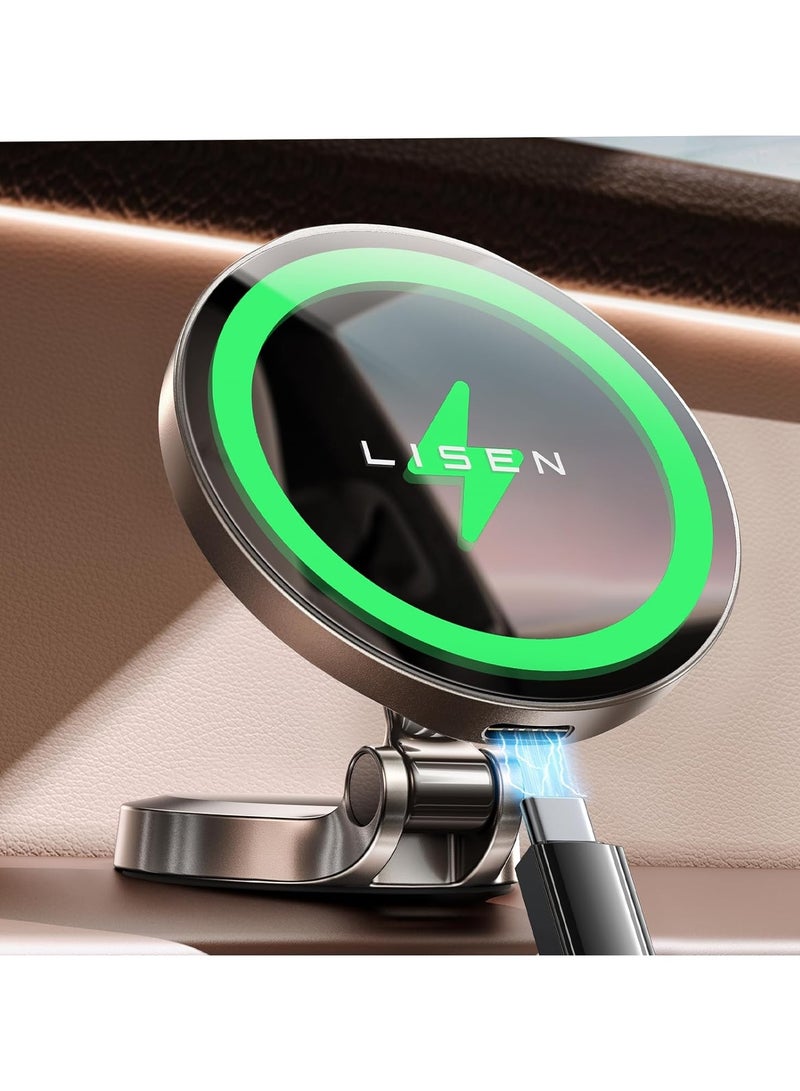 LISEN MagSafe Car Mount Charger - 15W Fast Wireless Charging - Dashboard Phone Holder for iPhone 15 Pro Max Plus 14 13 12 Mini