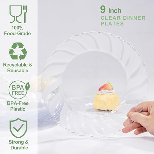 U-QE 100 Pieces Clear Plastic Plates - 9 Inch Clear Disposable Plates - Washable & Reusable - Premium Hard Plates - Party Supplies for Birthdays, Celebrations, Travel, Wedding, Party and Events - Image 3