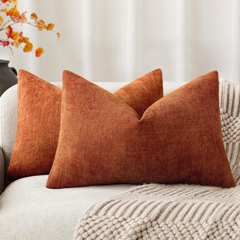 Foindtower Pack of 2 Textured Chenille Throw Decorative Pillow Covers Square Accent Solid Cushion Cover Neutral Farmhouse Lumbar Pillow Case for Couch Sofa Bedroom Living Room 12x20 Inch,Orange - Image 1