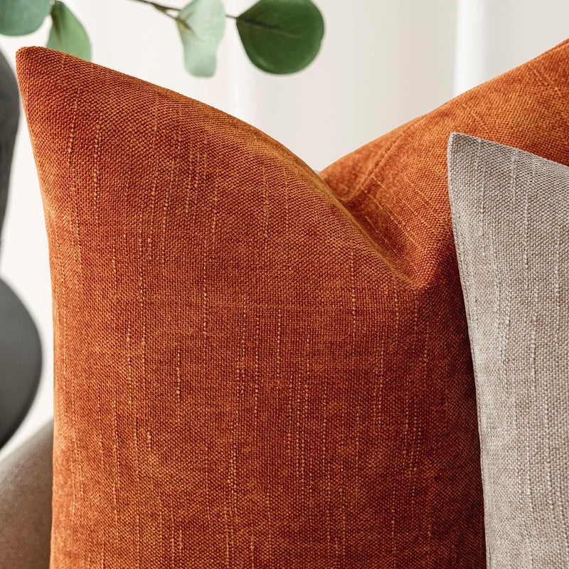 Foindtower Pack of 2 Textured Chenille Throw Decorative Pillow Covers Square Accent Solid Cushion Cover Neutral Farmhouse Lumbar Pillow Case for Couch Sofa Bedroom Living Room 12x20 Inch,Orange - Image 2