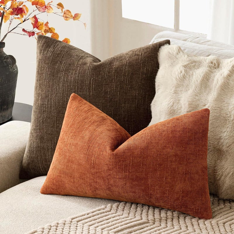 Foindtower Pack of 2 Textured Chenille Throw Decorative Pillow Covers Square Accent Solid Cushion Cover Neutral Farmhouse Lumbar Pillow Case for Couch Sofa Bedroom Living Room 12x20 Inch,Orange - Image 5