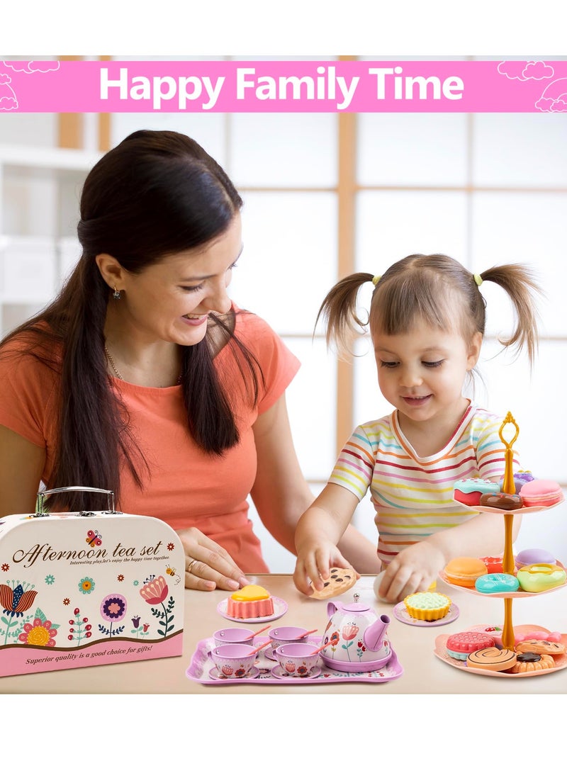 Excefore Tea Party Set for Little Girls, 48PCS Princess Tea Time Pretend Kitchen Toy with Biscuits, Teapot, Cake, Dessert, Carrying Case, 3 Year Old Girl Gifts(Flower Design) - Image 3