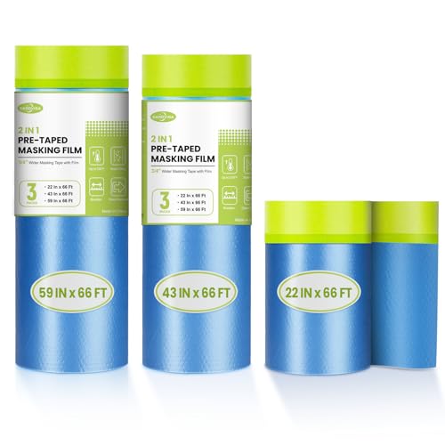 SARDVISA PreTaped Masking Film for Painting 5943 22 in 66 FT 3Rolls Painters Plastic Sheeting with Widened Paint Tape and Drape for Covering Walls Windows Cars Furniture Protection - Image 1