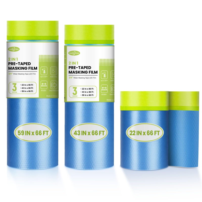 SARDVISA PreTaped Masking Film for Painting 5943 22 in 66 FT 3Rolls Painters Plastic Sheeting with Widened Paint Tape and Drape for Covering Walls Windows Cars Furniture Protection - Image 2
