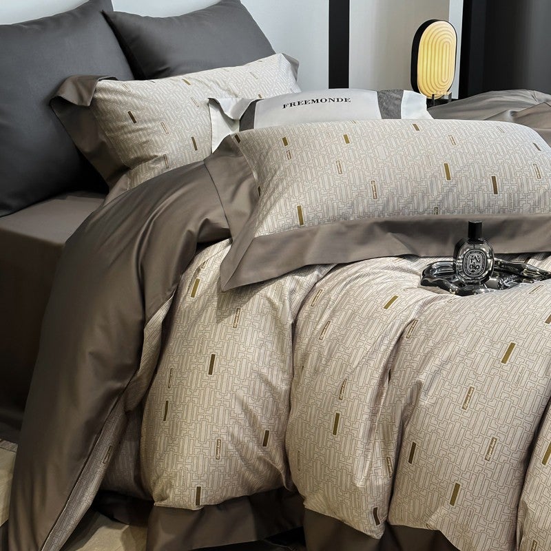 Luxury 100S Long-Staple Cotton 4-Piece Bedding Set - Utopia Coffee, Pure Cotton Sateen, All-Season, Geometric Print, Duvet Cover & Flat Sheet for Master Bedroom - Image 5