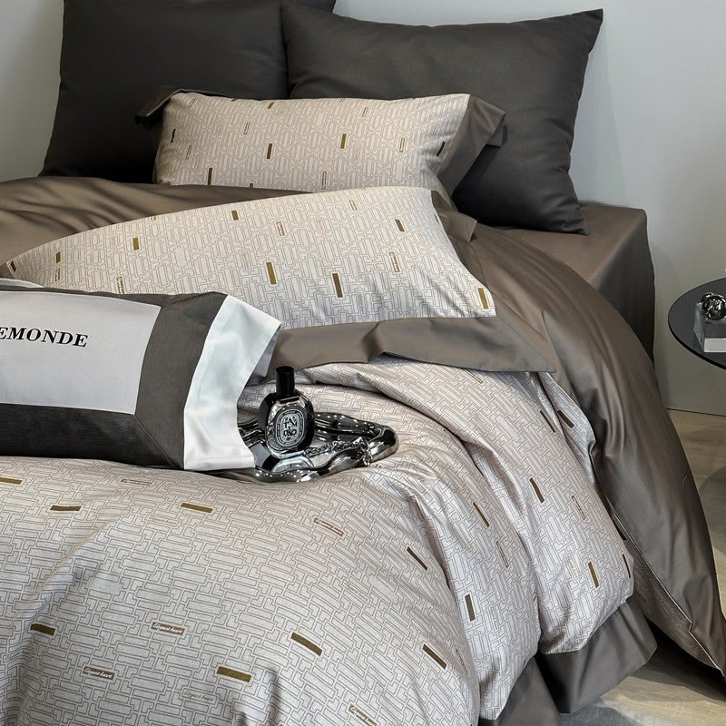 Luxury 100S Long-Staple Cotton 4-Piece Bedding Set - Utopia Coffee, Pure Cotton Sateen, All-Season, Geometric Print, Duvet Cover & Flat Sheet for Master Bedroom - Image 3