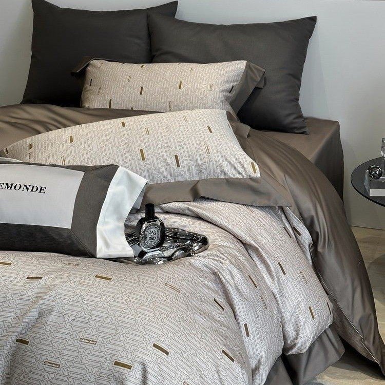 Luxury 100S Long-Staple Cotton 4-Piece Bedding Set - Utopia Coffee, Pure Cotton Sateen, All-Season, Geometric Print, Duvet Cover & Flat Sheet for Master Bedroom - Image 1