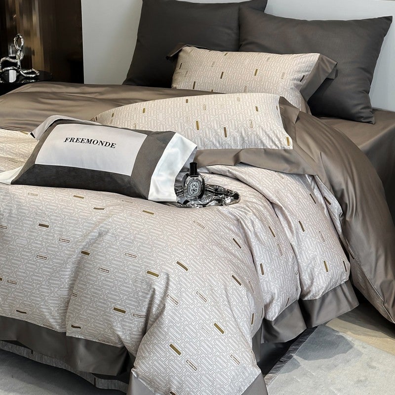 Luxury 100S Long-Staple Cotton 4-Piece Bedding Set - Utopia Coffee, Pure Cotton Sateen, All-Season, Geometric Print, Duvet Cover & Flat Sheet for Master Bedroom - Image 4