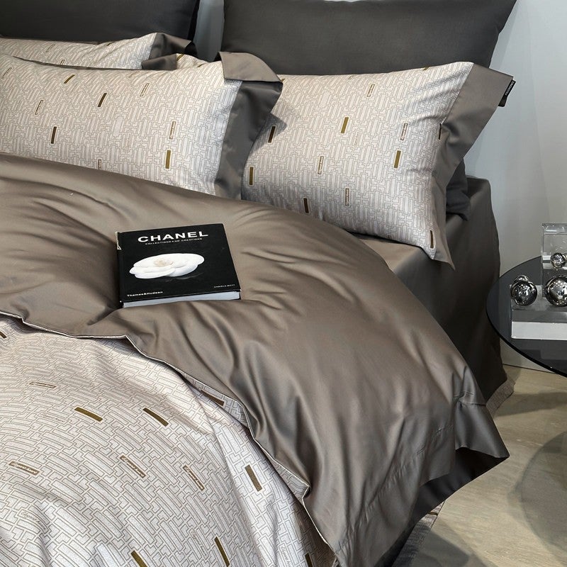 Luxury 100S Long-Staple Cotton 4-Piece Bedding Set - Utopia Coffee, Pure Cotton Sateen, All-Season, Geometric Print, Duvet Cover & Flat Sheet for Master Bedroom - Image 2
