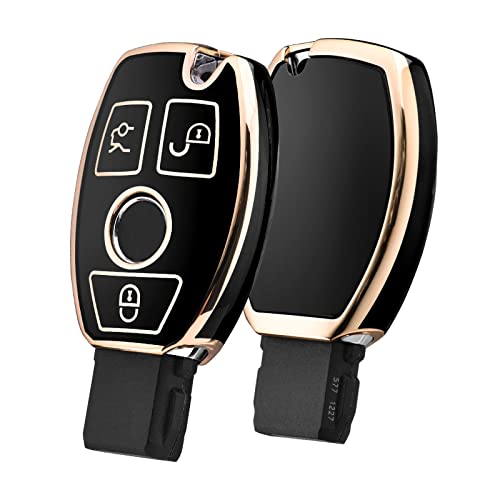 ELOHEI for Mercedes Benz Key Fob Cover, Premium Soft TPU Key Case Cover Compatible with Mercedes Benz C E S M CLS CLK G Class Keyless Smart Key Fob (Gold Edge Black) - Image 1