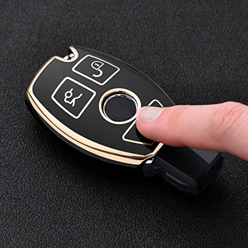 ELOHEI for Mercedes Benz Key Fob Cover, Premium Soft TPU Key Case Cover Compatible with Mercedes Benz C E S M CLS CLK G Class Keyless Smart Key Fob (Gold Edge Black) - Image 2