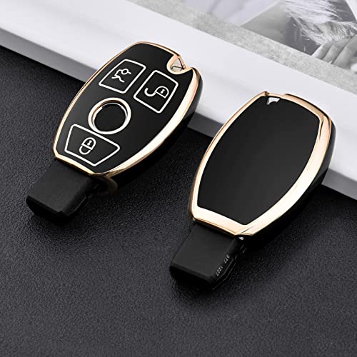ELOHEI for Mercedes Benz Key Fob Cover, Premium Soft TPU Key Case Cover Compatible with Mercedes Benz C E S M CLS CLK G Class Keyless Smart Key Fob (Gold Edge Black) - Image 3