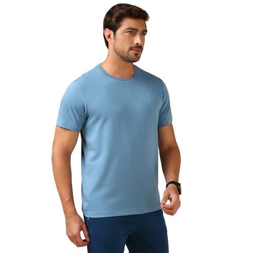 Van Heusen Men Cotton Blend Solid Regular Fit T-Shirt (60052_Pack of 1_Blue, Medium - Image 4
