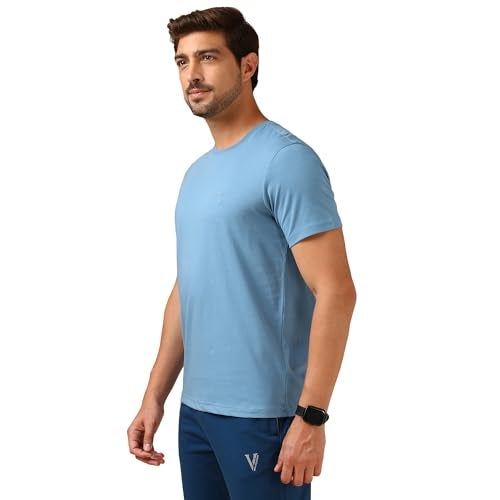 Van Heusen Men Cotton Blend Solid Regular Fit T-Shirt (60052_Pack of 1_Blue, Medium - Image 3
