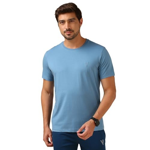 Van Heusen Men Cotton Blend Solid Regular Fit T-Shirt (60052_Pack of 1_Blue, Medium - Image 1